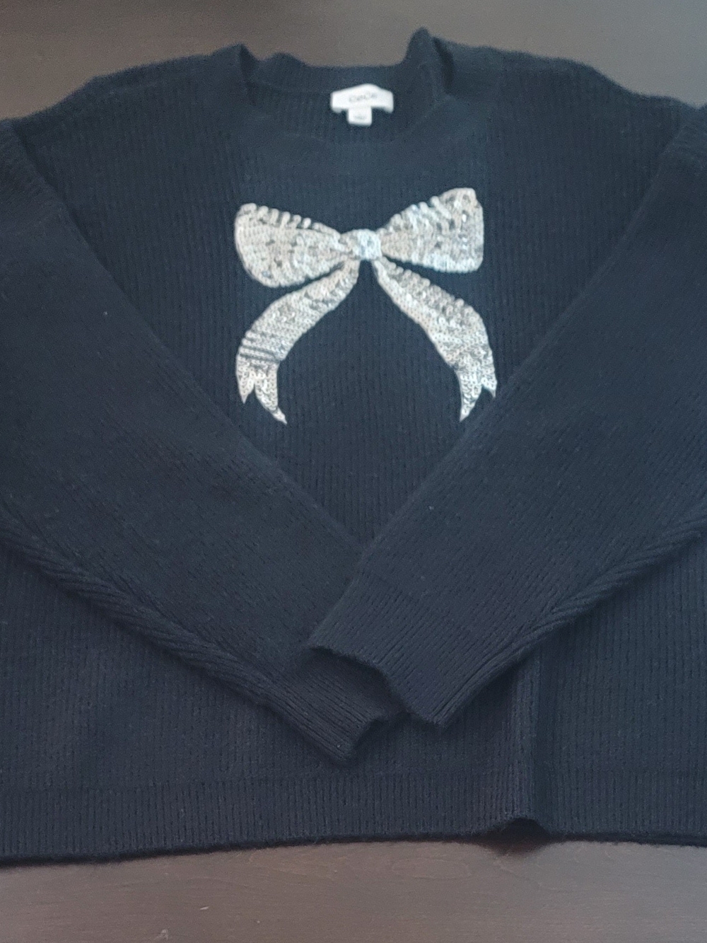 CeCe Black Crewneck Sweater with Silver Sequin Bow